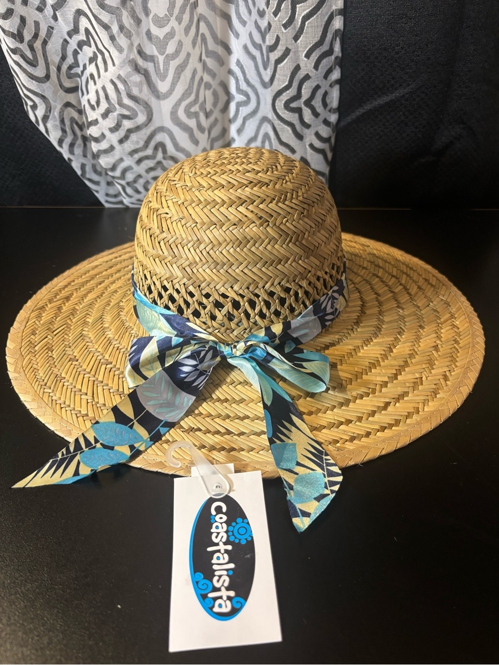 Women’s Tan Straw Sun Hat with Blue Patterned Bow